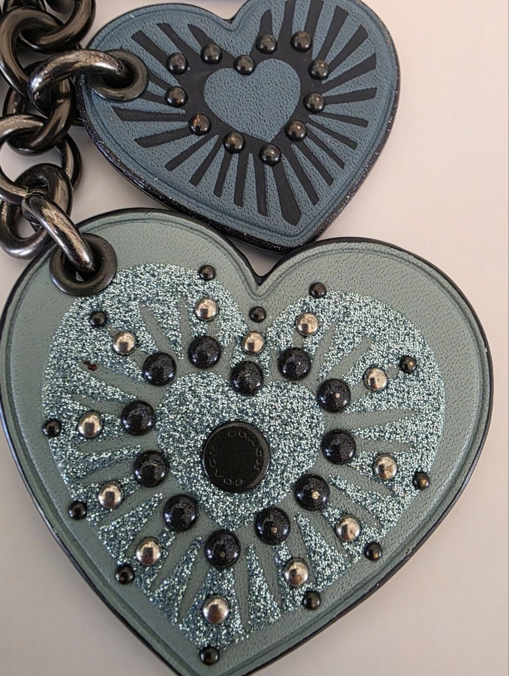 Coach Heart Motif Leather Bag Charm Key Fob Blue Studded Glitter Hard To Find - Picture 11 of 14